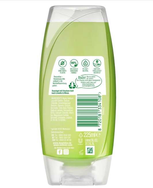 Sữa tắm Duschdas Limette küsst Minze chiết xuất chanh bạc hà, 225ml Sữa tắm Duschdas Limette küsst Minze chiết xuất chanh bạc hà, 225ml