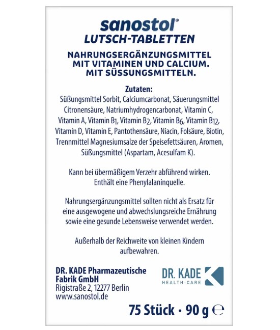 Viên ngậm Sanostol Lutsch-Tabletten bổ sung Canxi và Multi-Vitamin, 75 viên Viên ngậm Sanostol Lutsch-Tabletten bổ sung Canxi và Multi-Vitamin, 75 viên