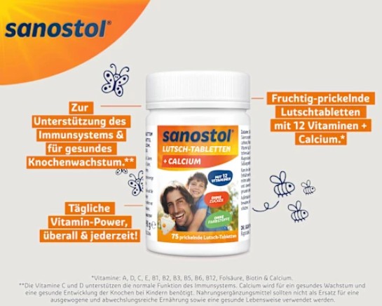 Viên ngậm Sanostol Lutsch-Tabletten bổ sung Canxi và Multi-Vitamin, 75 viên Viên ngậm Sanostol Lutsch-Tabletten bổ sung Canxi và Multi-Vitamin, 75 viên