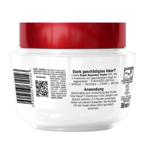 Kem ủ tóc Loreal Paris Elvital Total Repair 5 Reparatur-Maske phục hồi tóc hư tổn, 300 ml