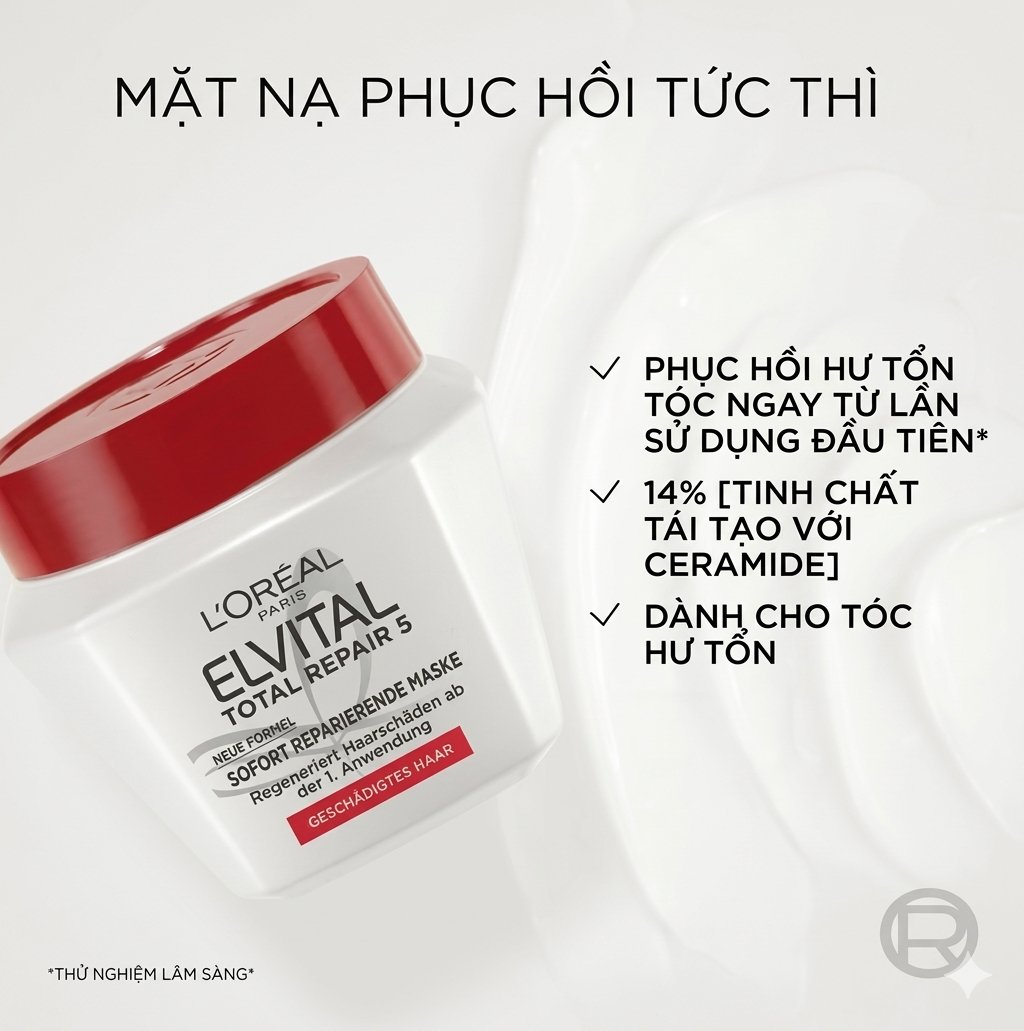 Kem ủ tóc Loreal Paris Elvital Total Repair 5 Reparatur-Maske phục hồi tóc hư tổn, 300 ml Kem ủ tóc Loreal Paris Elvital Total Repair 5 Reparatur-Maske phục hồi tóc hư tổn, 300 ml