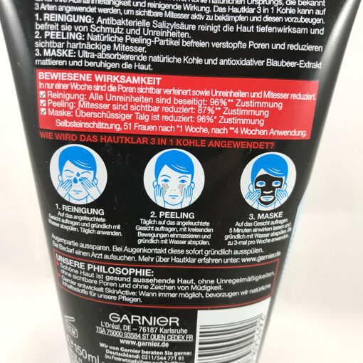 Sữa rửa mặt Garnier Hautklar 3in1 Anti-Mitesser trị mụn đầu đen, 150 ml