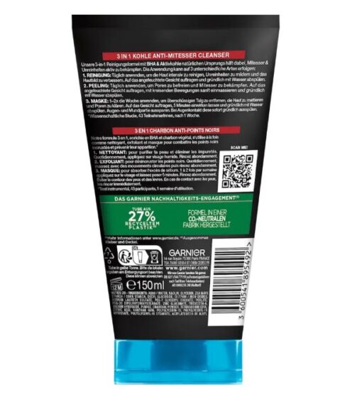 Sữa rửa mặt Garnier Hautklar 3in1 Anti-Mitesser trị mụn đầu đen, 150 ml