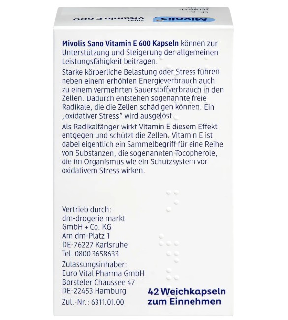 Viên uống Mivolis Sano Vitamin E 600, 42 viên Viên uống Mivolis Sano Vitamin E 600, 42 viên