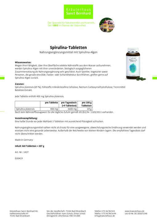 Tảo xoắn Spirulina Tabletten Sanct Bernhard, 360 viên