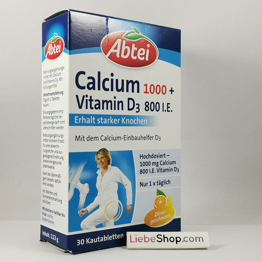 Viên Nhai Bổ Sung Canxi Abtei Calcium 1000 + Vitamin D3 800 I.E., 30 Viên