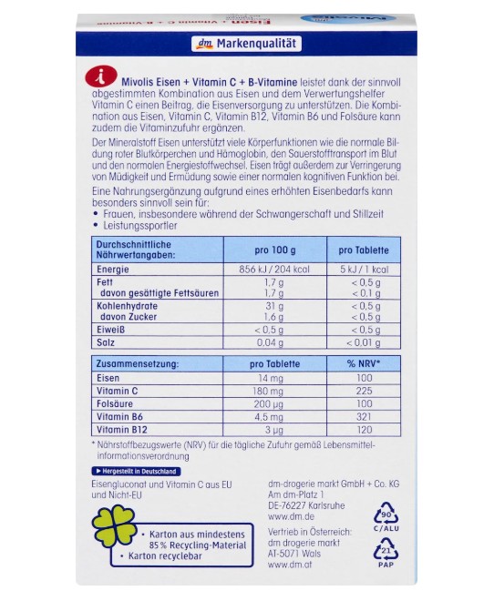 Viên uống bổ sung sắt Mivolis Eisen + Vitamin C + B-Vitamine, 40 viên Viên uống bổ sung sắt Mivolis Eisen + Vitamin C + B-Vitamine, 40 viên