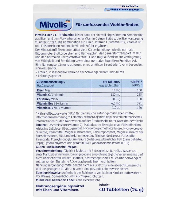 Viên uống bổ sung sắt Mivolis Eisen + Vitamin C + B-Vitamine, 40 viên Viên uống bổ sung sắt Mivolis Eisen + Vitamin C + B-Vitamine, 40 viên