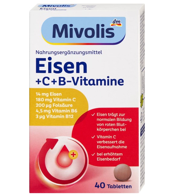 Viên uống bổ sung sắt Mivolis Eisen + Vitamin C + B-Vitamine, 40 viên