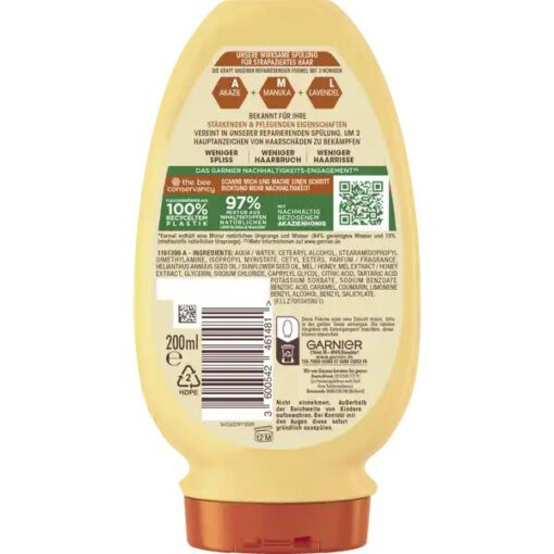 Dầu xả GARNIER Wahre Schätze Honig mật ong phục hồi tóc hư tổn, gãy rụng, 200ml