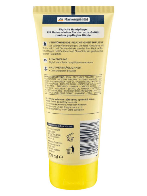 Kem dưỡng tay Balea Handcreme Buttermilk & Lemon cho da khô, 100ml