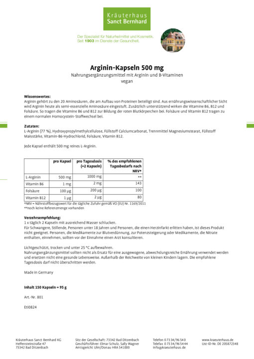 Viên uống bổ gan Sanct Bernhard Arginin 500mg giải độc gan, tăng cường chức năng gan, 150 viên