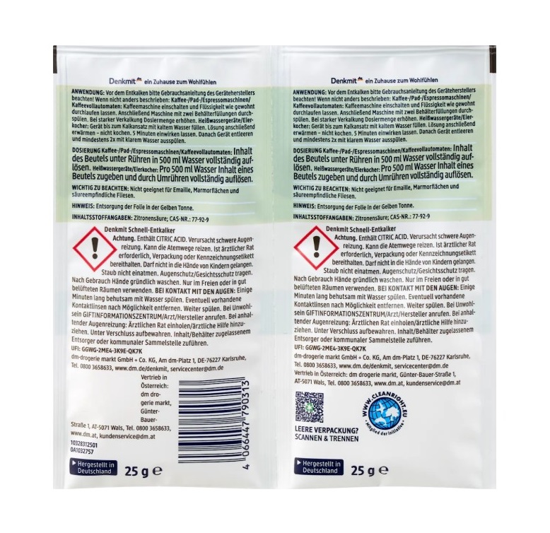 Bột tẩy cặn nhanh Denkmit Schnell Entkalker, 2 gói x 25g Bột tẩy cặn nhanh Denkmit Schnell Entkalker, 2 gói x 25g