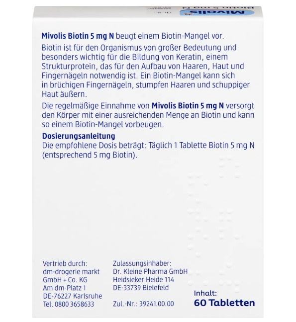 Viên uống Mivolis Biotin 5mg N đẹp da, tóc và móng, ngăn rụng tóc, 60 viên Viên uống Mivolis Biotin 5mg N đẹp da, tóc và móng, ngăn rụng tóc, 60 viên