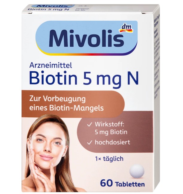Viên uống Mivolis Biotin 5mg N đẹp da, tóc và móng, ngăn rụng tóc, 60 viên Viên uống Mivolis Biotin 5mg N đẹp da, tóc và móng, ngăn rụng tóc, 60 viên