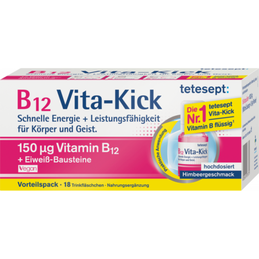 Chai uống Tetesept B12 Vita-Kick tăng cường sức khỏe thể chất và hệ thần kinh, 18 ống