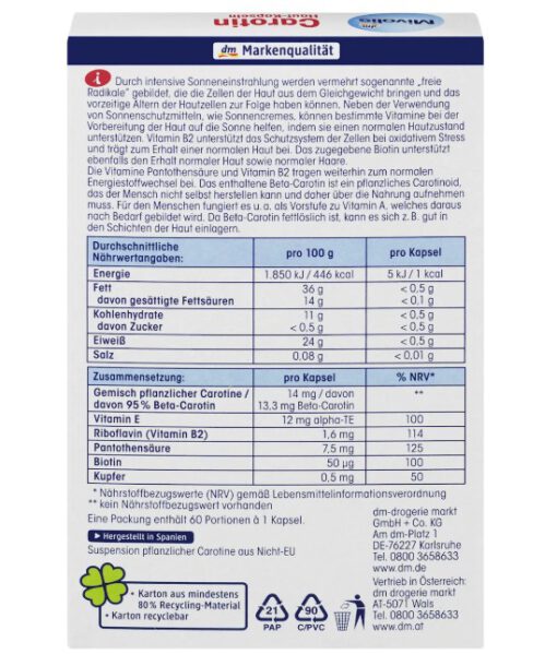 Viên uống chống nắng Mivolis Carotin Haut-Kapseln, 60 viên