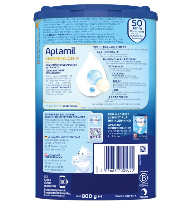 Sữa Aptamil Kindermilch 1+ cho bé từ 1 tuổi, 800g Sữa Aptamil Kindermilch 1+ cho bé từ 1 tuổi, 800g
