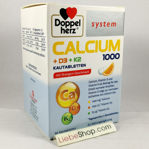 Viên nhai bổ sung canxi Doppelherz Calcium 1000 + D3 + K2 vị cam, 60 viên