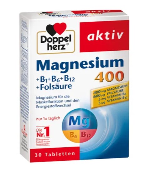 Viên uống Doppelherz Magnesium 400 + B1 + B6 + B12 + Folsäure, 30 viên