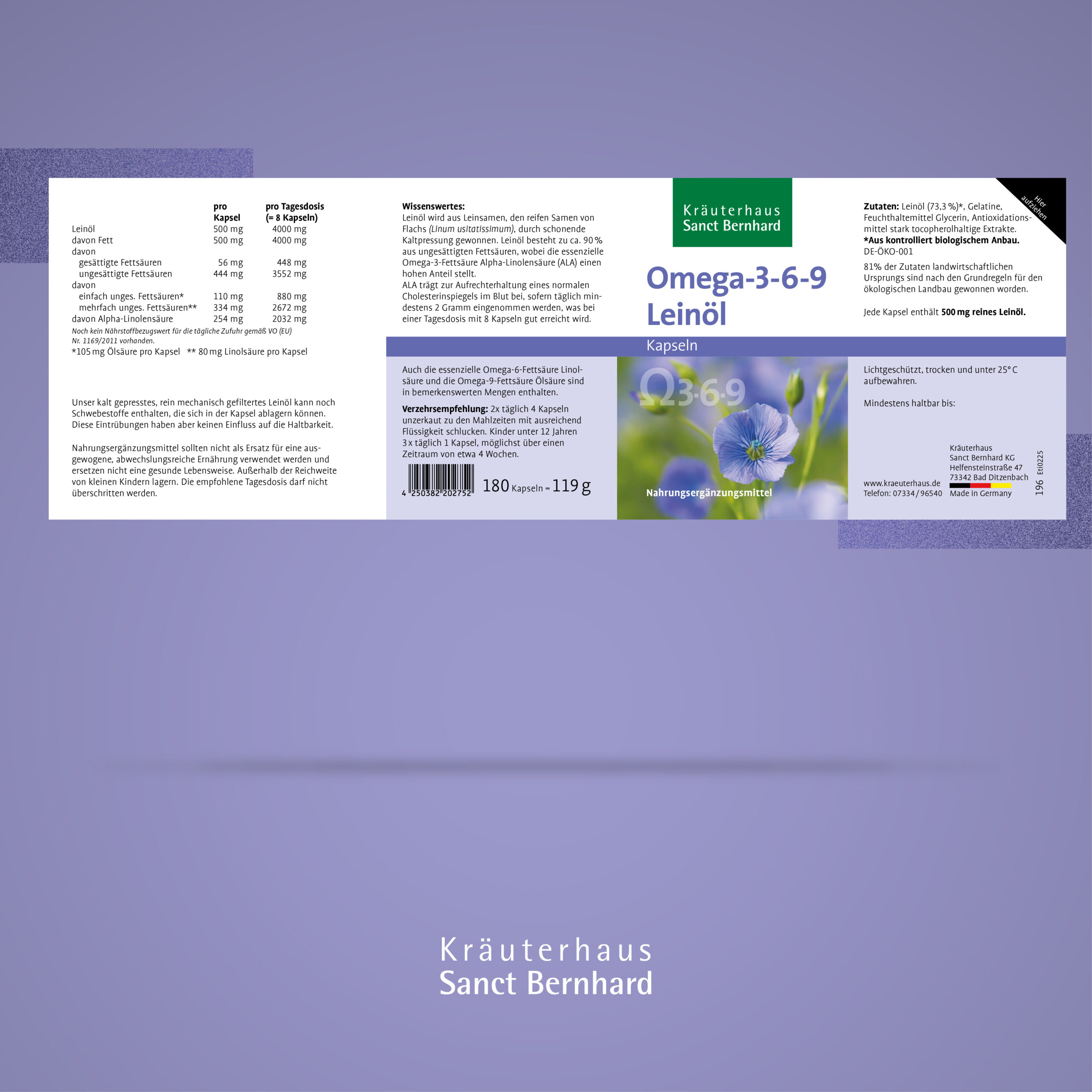 Viên uống Sanct Bernhard Omega 3-6-9 Leinöl-Kapseln chiết xuất dầu hạt lanh, 180 viên Viên uống Sanct Bernhard Omega 3-6-9 Leinöl-Kapseln chiết xuất dầu hạt lanh, 180 viên