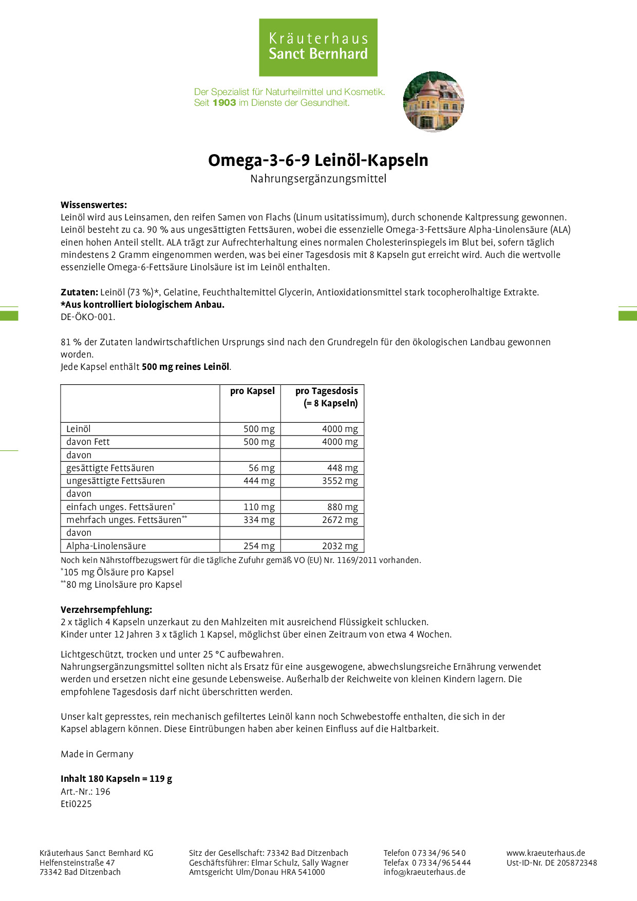 Viên uống Sanct Bernhard Omega 3-6-9 Leinöl-Kapseln chiết xuất dầu hạt lanh, 180 viên Viên uống Sanct Bernhard Omega 3-6-9 Leinöl-Kapseln chiết xuất dầu hạt lanh, 180 viên