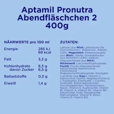 Sữa Aptamil Abendfläschchen Folgemilch 2 ban đêm cho bé trên 6 tháng tuổi, 400g Sữa Aptamil Abendfläschchen Folgemilch 2 ban đêm cho bé trên 6 tháng tuổi, 400g