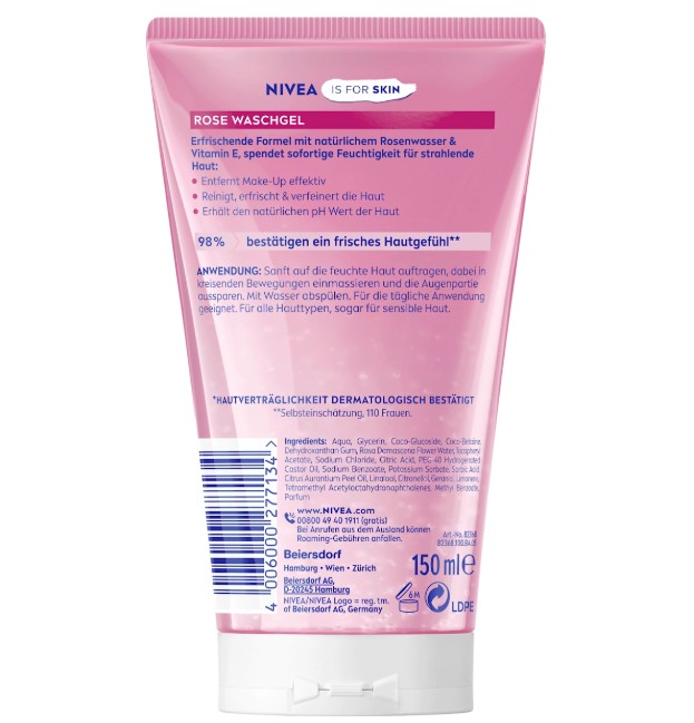 Sữa rửa mặt NIVEA Waschgel Rose chiết xuất hoa hồng, 150ml Sữa rửa mặt NIVEA Waschgel Rose chiết xuất hoa hồng, 150ml