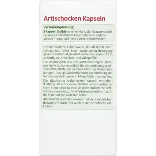 Viên uống bổ gan mật altapharma Artischocken Kapseln, mát gan, thải độc, hỗ trợ tiêu hóa, 100 viên