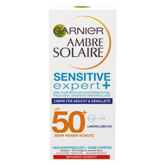 Kem chống nắng Garnier Ambre Sensitive Gesicht 50ml Creme Đức 50+, Expert+ - Gel Hàng Solaire LFS