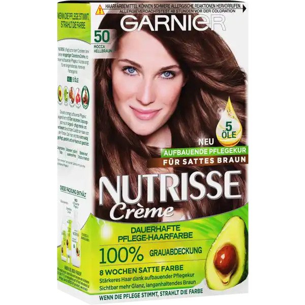 Thuốc nhuộm tóc Garnier Nutrisse 50 Mocca Hellbraun - màu nâu moca nhạt, 1 hộp