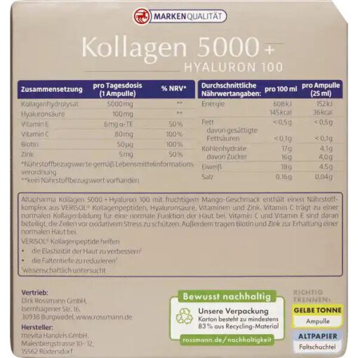 Collagen uống altapharma Kollagen 5000 + Hyaluron 100 làm đẹp da, 20x25ml
