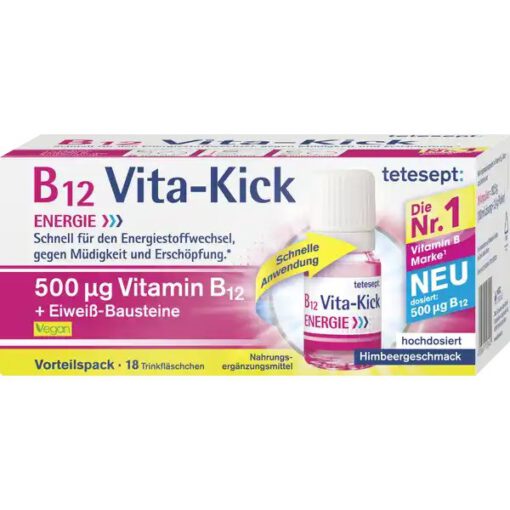 Chai uống Tetesept B12 Vita-Kick 500µg tăng cường sức khỏe thể chất và hệ thần kinh, 18 ống