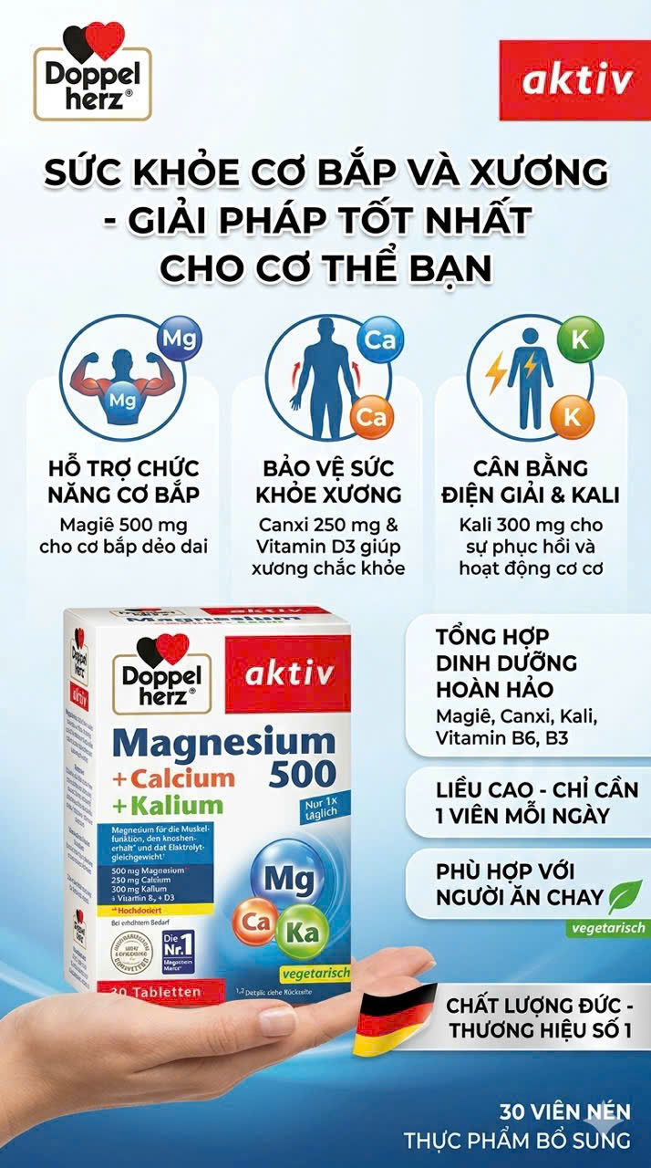 Viên uống bổ sung magie Doppelherz Magnesium 500 + Calcium + Kalium, 30 viên Viên uống bổ sung magie Doppelherz Magnesium 500 + Calcium + Kalium, 30 viên
