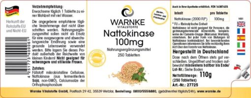 Viên uống WARNKE Nattokinase 100mg phòng ngừa tai biến, đột quỵ, 250 viên