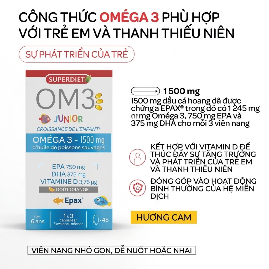 Viên uống OM3 Junior bổ sung Omega-3 và vitamin D cho trẻ em từ 6-15 tuổi, 45 viên Viên uống OM3 Junior bổ sung Omega-3 và vitamin D cho trẻ em từ 6-15 tuổi, 45 viên