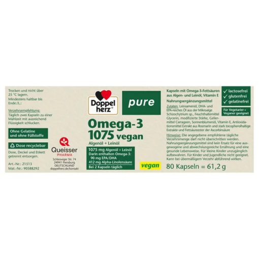 Viên uống Omega-3 thuần chay Doppelherz Pure Omega-3 1075 Vegan, 80 viên