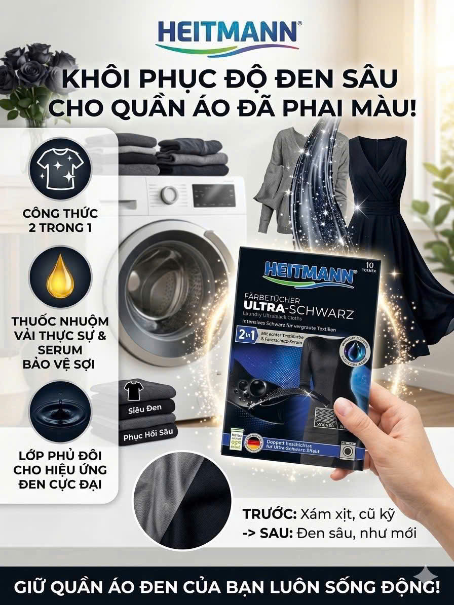 Giấy giặt nhuộm đen quần áo Heitmann Ultra Schwarz 2in1, 10 miếng Giấy giặt nhuộm đen quần áo Heitmann Ultra Schwarz 2in1, 10 miếng