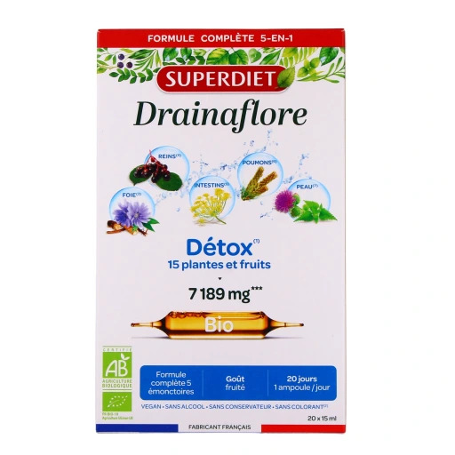 Detox thải độc chuyên sâu SUPERDIET Drainaflore Bio, 20 ống