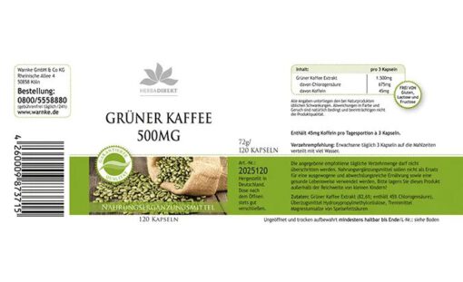 Viên uống giảm cân Herbadirekt Gruner Kaffee 500mg chiết xuất cà phê xanh, 120 viên