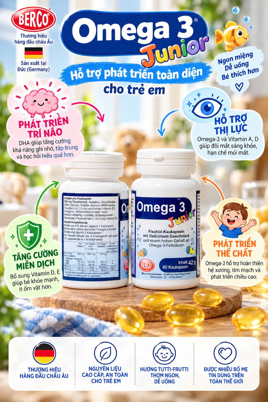 Viên nhai dầu cá Berco Omega 3 Junior bổ sung DHA, EPA cho trẻ em và người lớn, 60 viên Viên nhai dầu cá Berco Omega 3 Junior bổ sung DHA, EPA cho trẻ em và người lớn, 60 viên