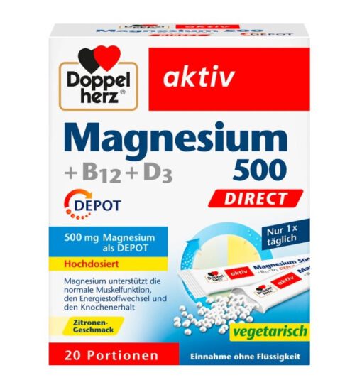 Viên ngậm bổ sung magie Doppelherz Magnesium 500 + B12 + D3, 20 gói