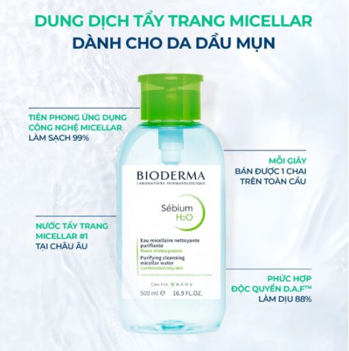Nước tẩy trang Bioderma Sebium H2O cho da hỗn hợp và da dầu, 500ml {NẮP NHẤN}