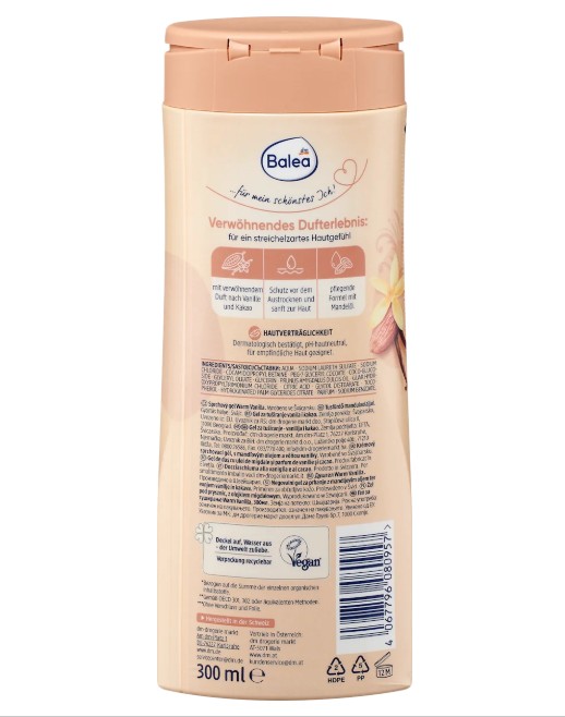 Sữa tắm Balea Cremedusche Warm Vanilla hương vani và cacao, 300ml Sữa tắm Balea Cremedusche Warm Vanilla hương vani và cacao, 300ml