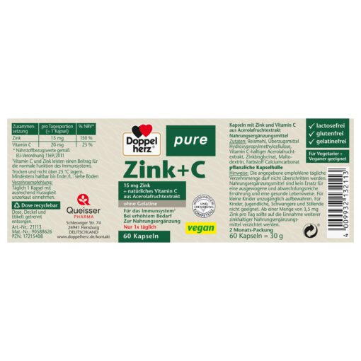 Viên uống kẽm C thuần chay Doppelherz Pure Zink + C Vegan, 60 viên