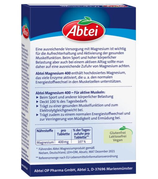 Viên uống Abtei Magnesium 400 bổ sung magie, 30 viên