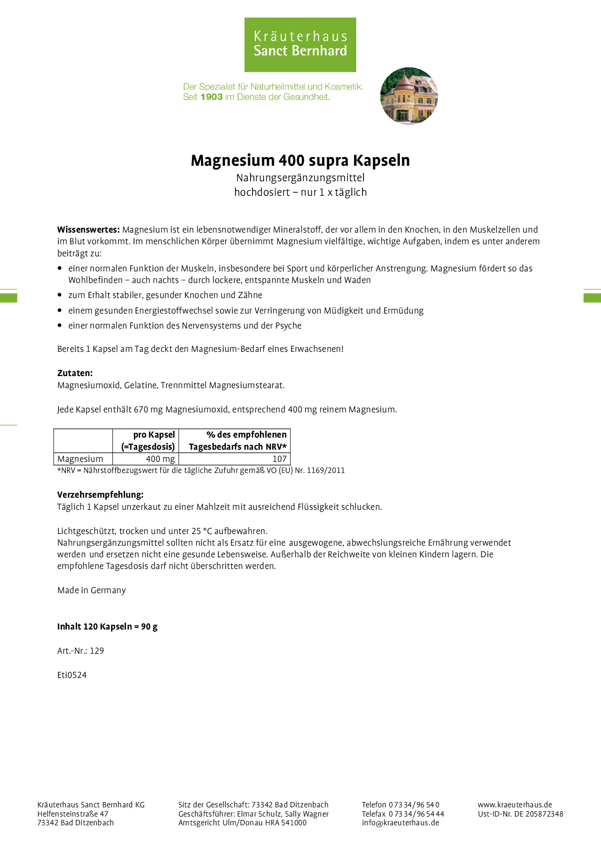 Viên uống Sanct Bernhard Magnesium 400 bổ sung magie, 120 viên Viên uống Sanct Bernhard Magnesium 400 bổ sung magie, 120 viên