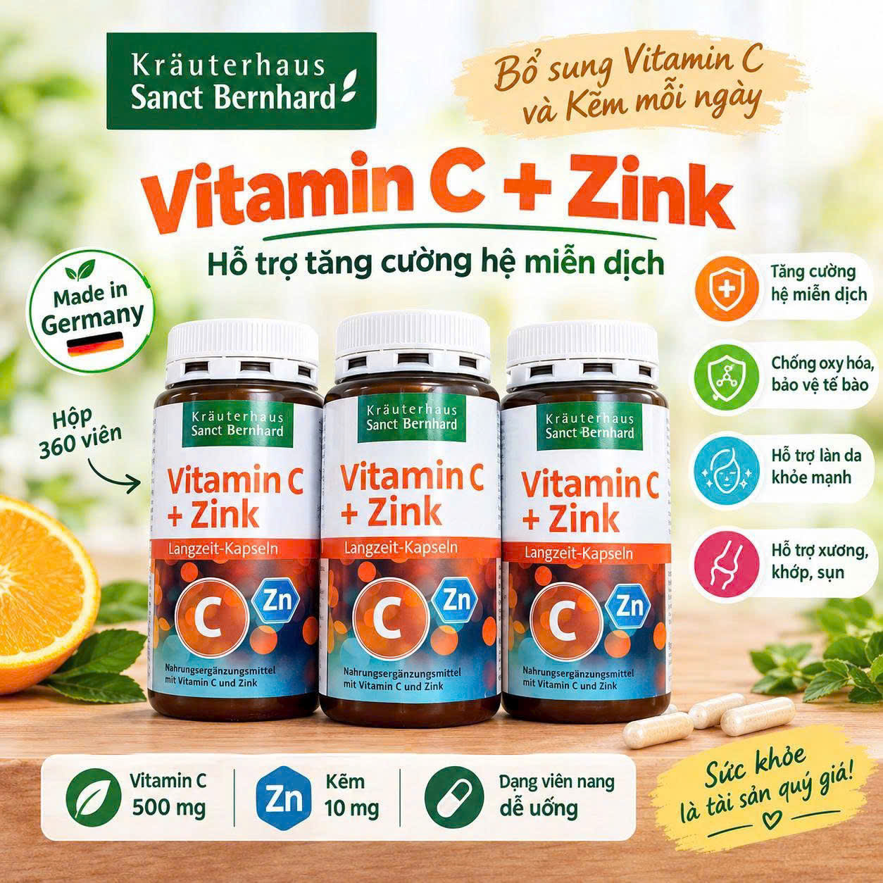 Viên uống Sanct Bernhard Vitamin C + Zink bổ sung vitamin C và kẽm, tăng đề kháng, 180 viên Viên uống Sanct Bernhard Vitamin C + Zink bổ sung vitamin C và kẽm, tăng đề kháng, 180 viên