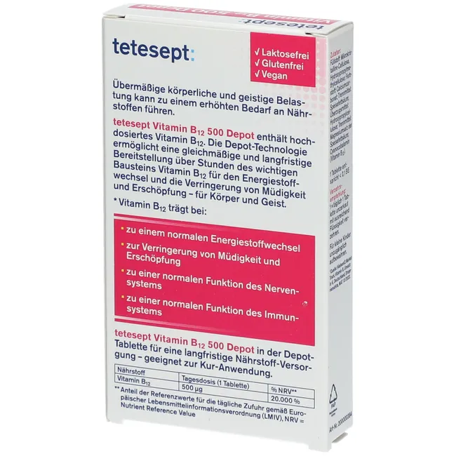 Viên uống tetesept Vitamin B12 500 Depot, 30 viên Viên uống tetesept Vitamin B12 500 Depot, 30 viên