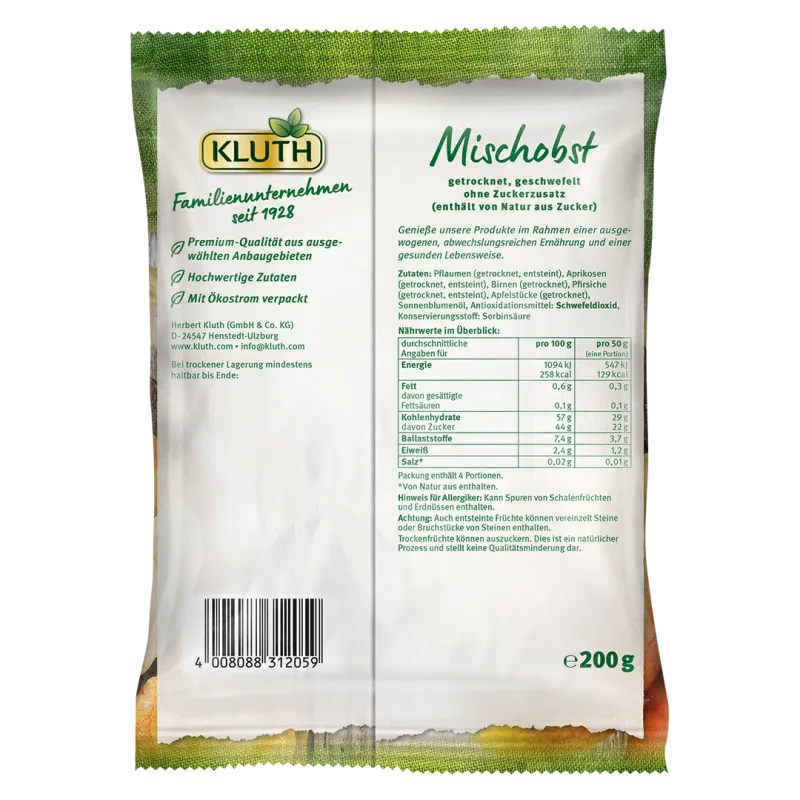 Trái cây sấy tổng hợp KLUTH Mischobst, 200g Trái cây sấy tổng hợp KLUTH Mischobst, 200g